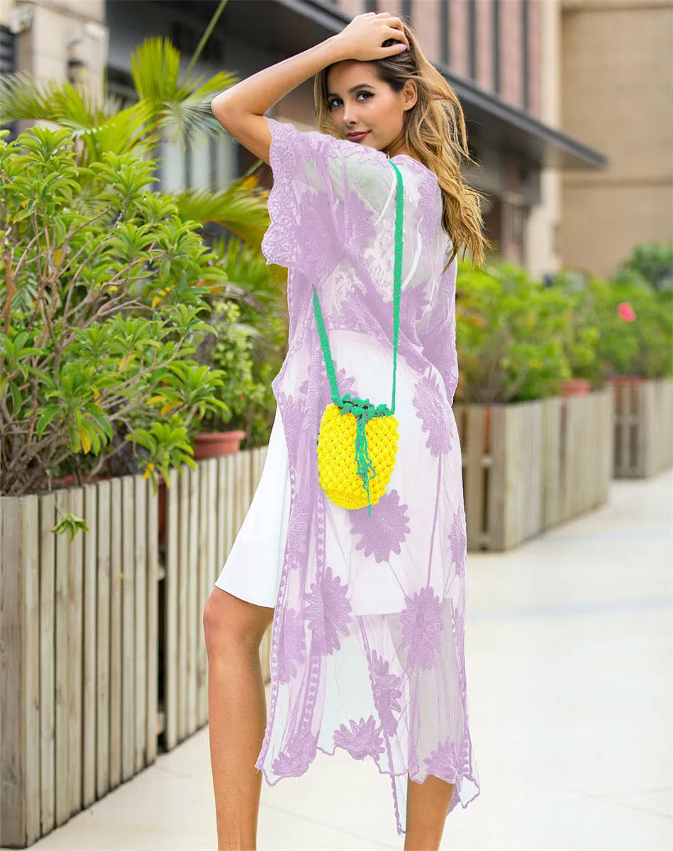 Light purple lace embroidery beach dress with cardigan styling for women's swim and beach wear