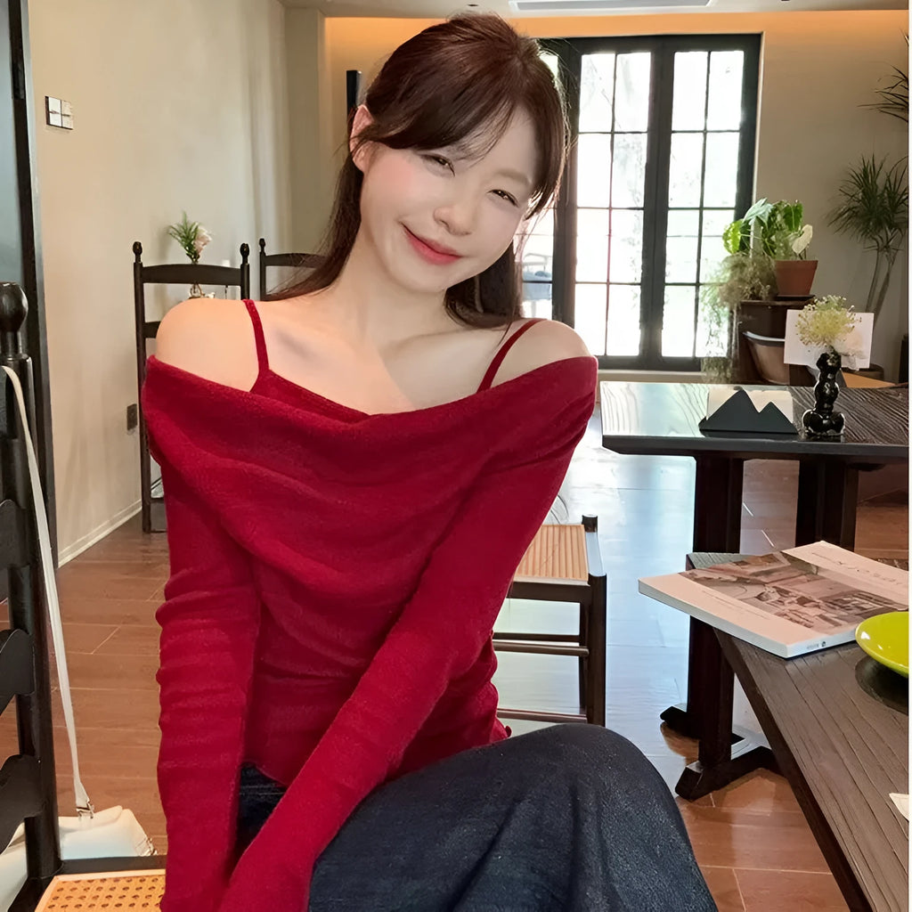Fashion fake two-piece off-shoulder long sleeve top in polyester with patchwork and ruffles, available in multiple colours
