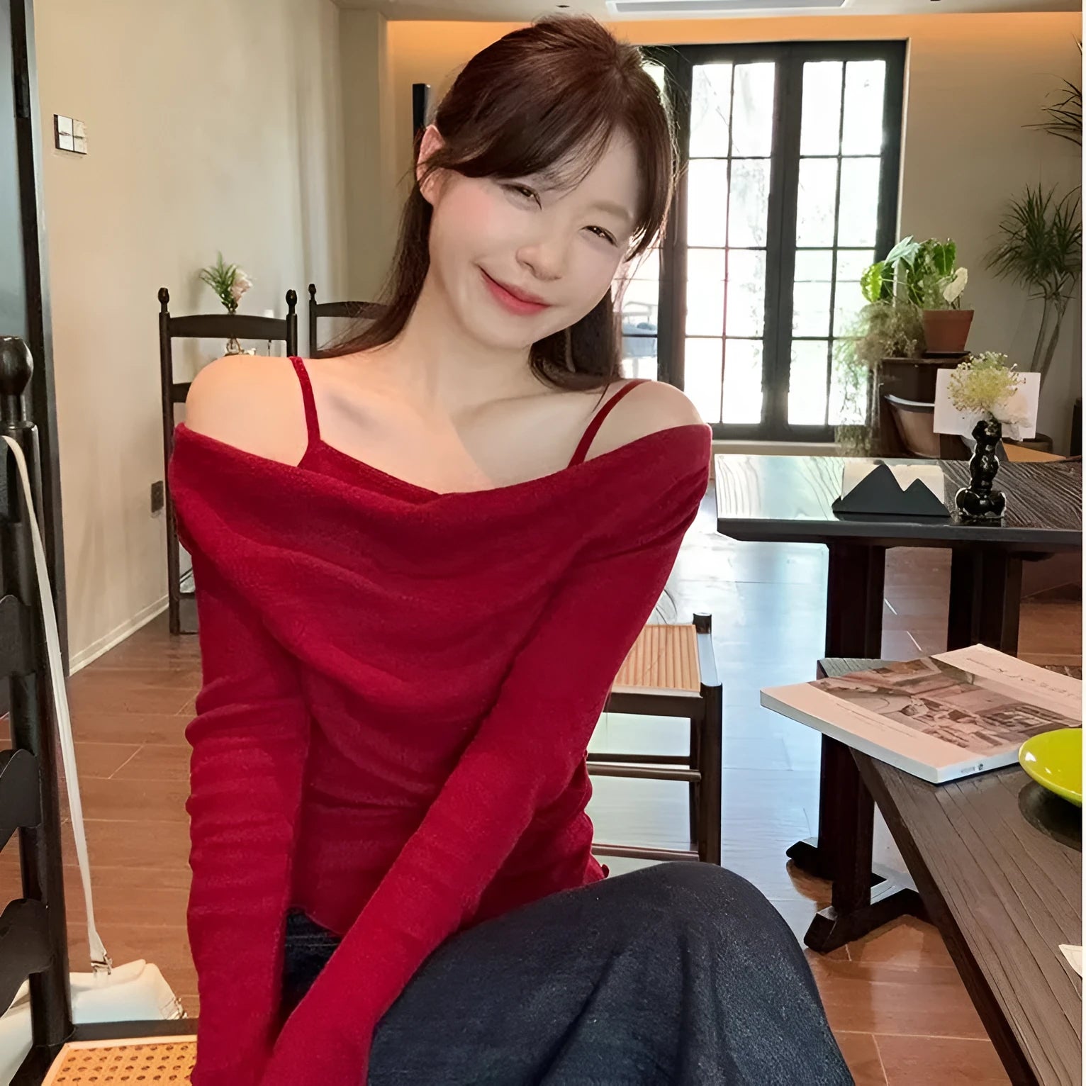 Fashion fake two-piece off-shoulder long sleeve top in polyester with patchwork and ruffles, available in multiple colours