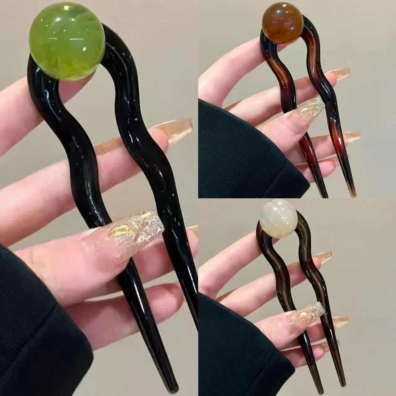 Acrylic U-shaped hair pin barrettes with retro ball decoration in beige, caramel, dark gray, and green colours.