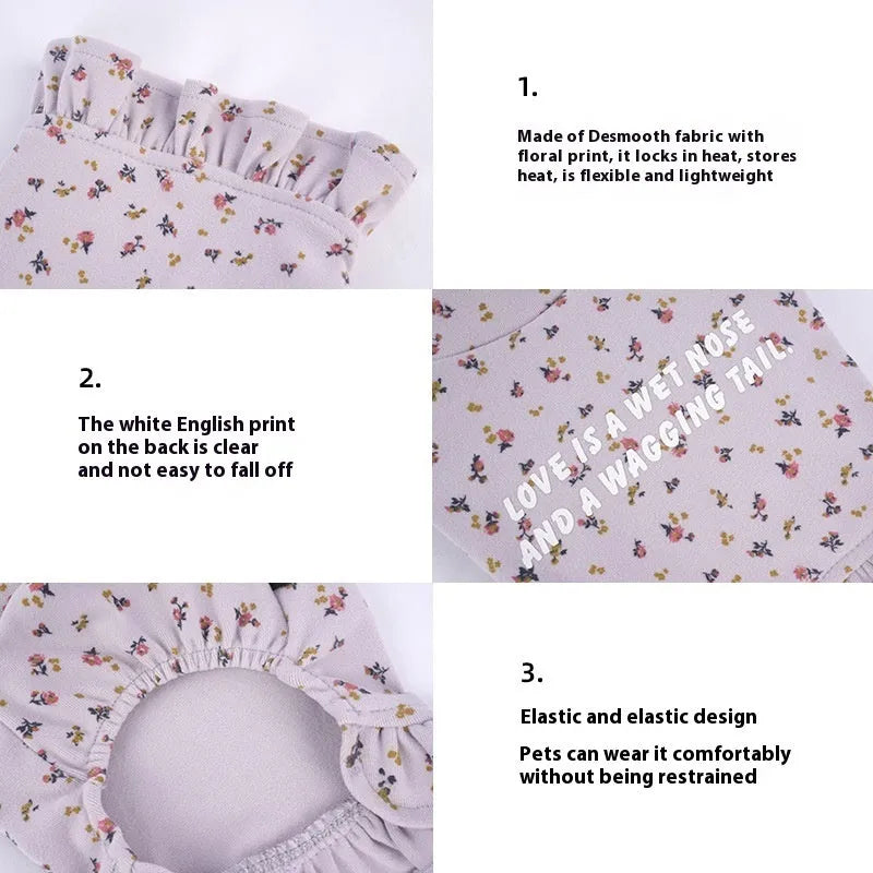 Teddy bichon dog wearing light purple undershirt and matching floral skirt pet clothing