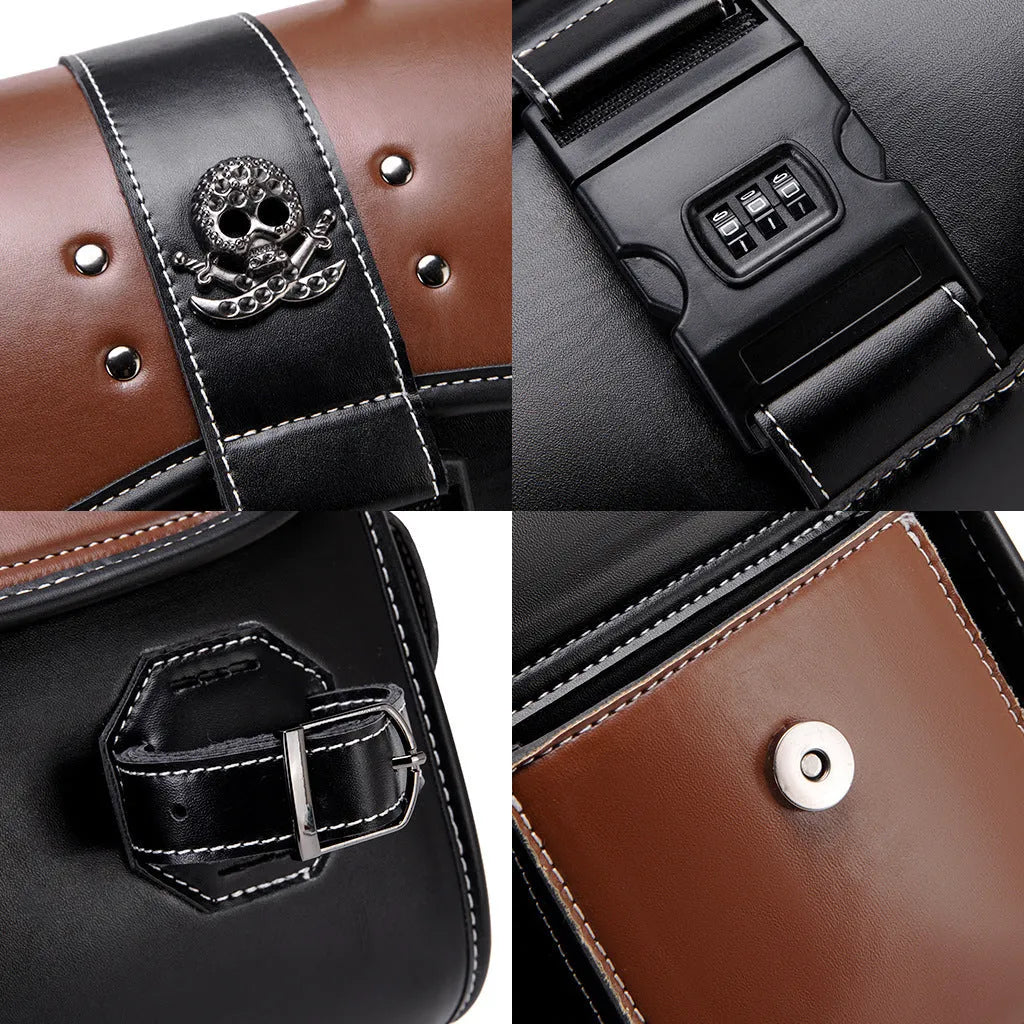 PU leather motorcycle front bag with colour contrast patchwork design, model FBG397BK.