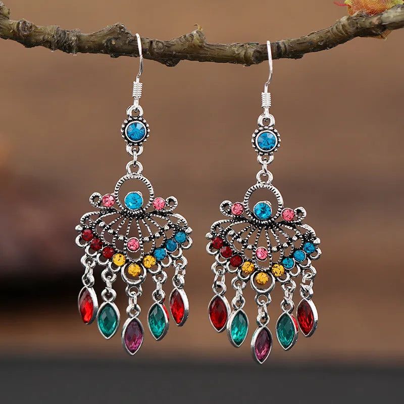 Purple retro drop earrings with long fringe tassels and ethnic design elements