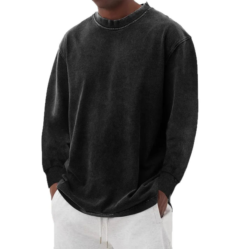 Men's washed old solid colour long-sleeved slim fit T-shirt on a hanger.
