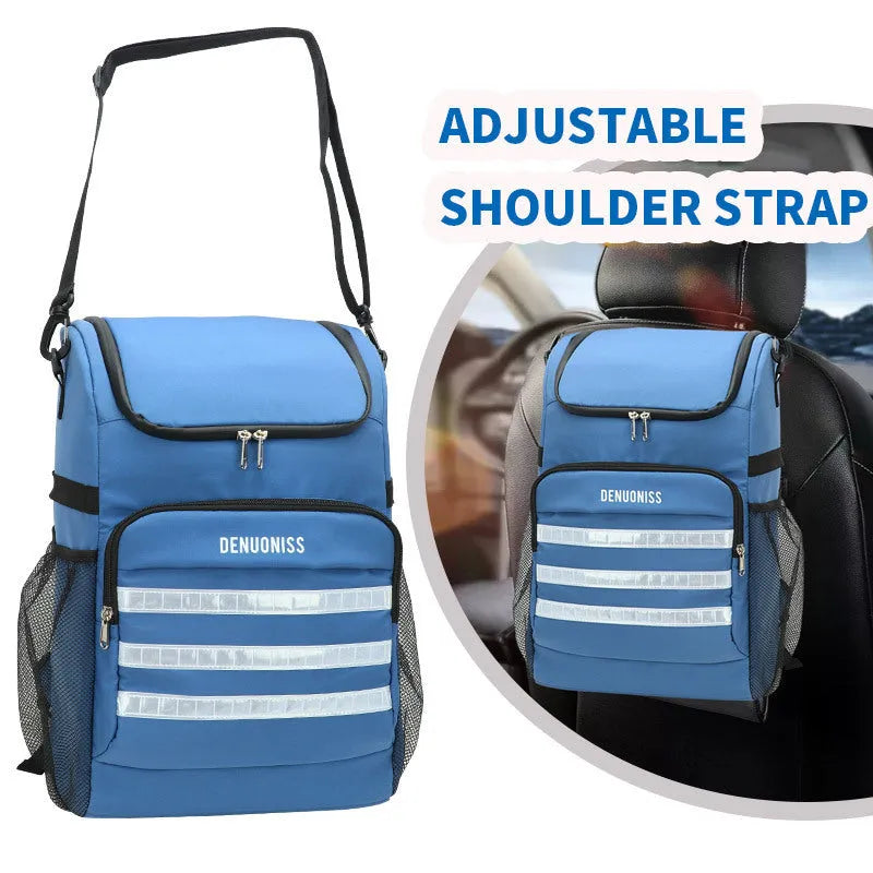 Waterproof insulated cooler backpack with mounted bottle opener in lake blue colour showing 20 litre capacity