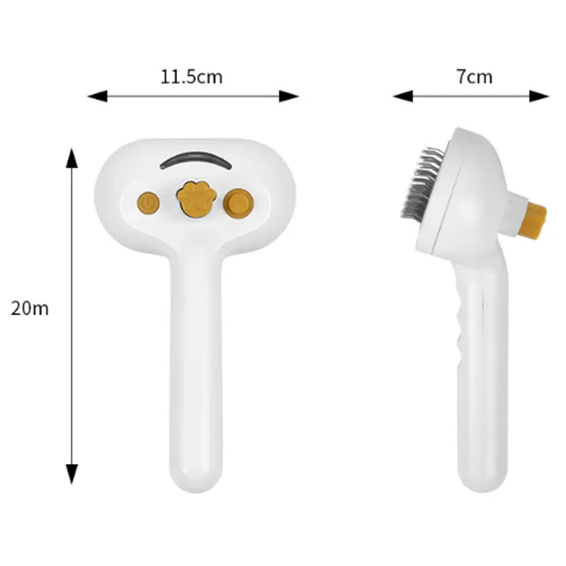 White pet steam grooming brush with gentle steel teeth and built-in water tank for dogs and cats
