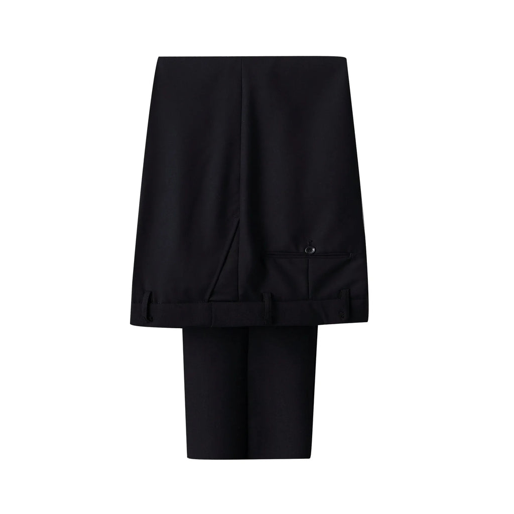 Men's slim fit business suit in black with coat and trousers on a hanger