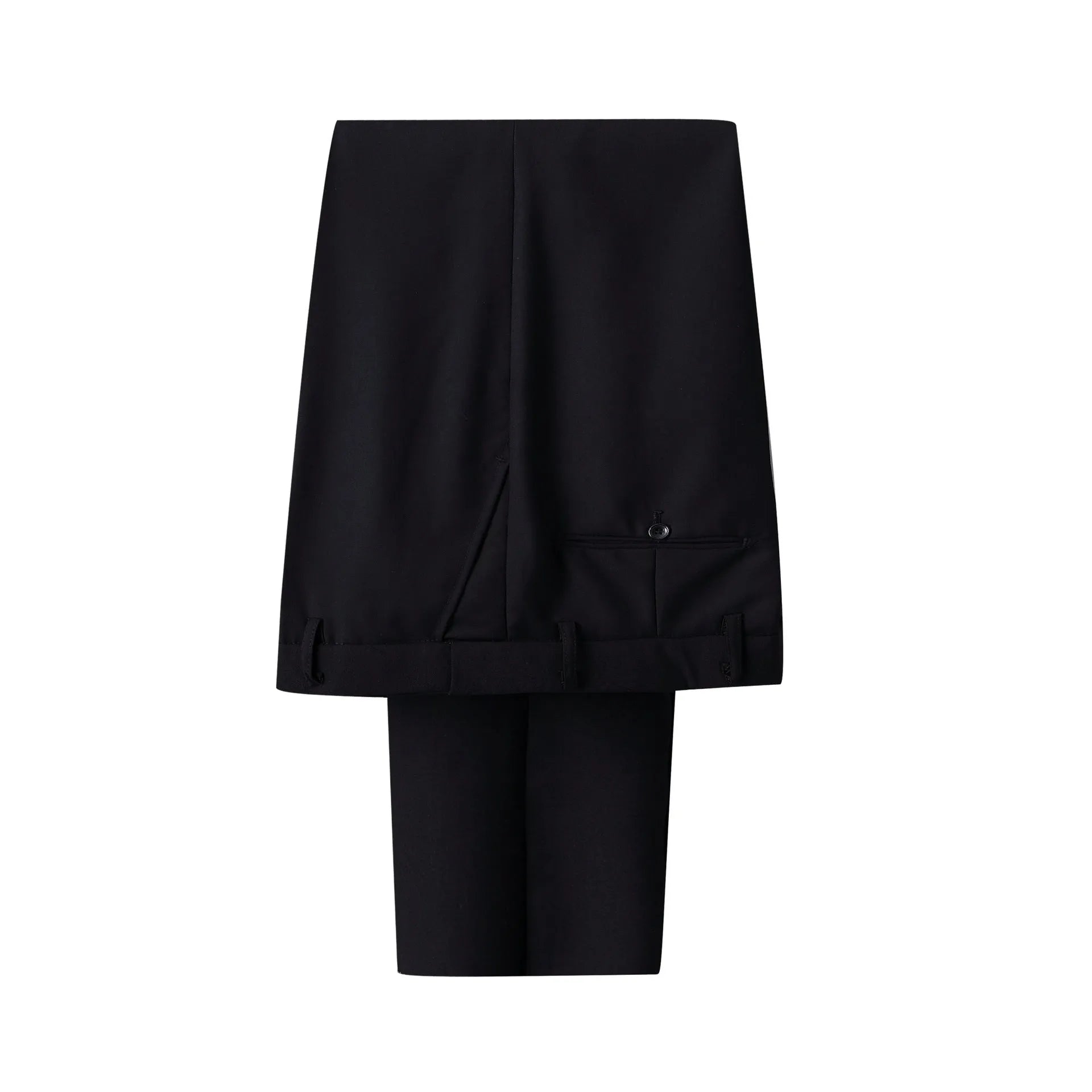 Men's slim fit business suit in black with coat and trousers on a hanger