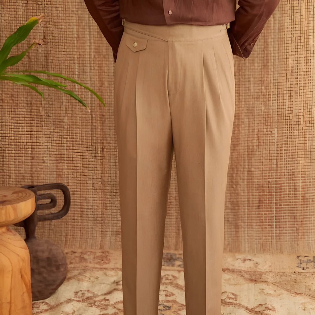 Men's slim fit straight leg business trousers in dark grey, displayed flat.