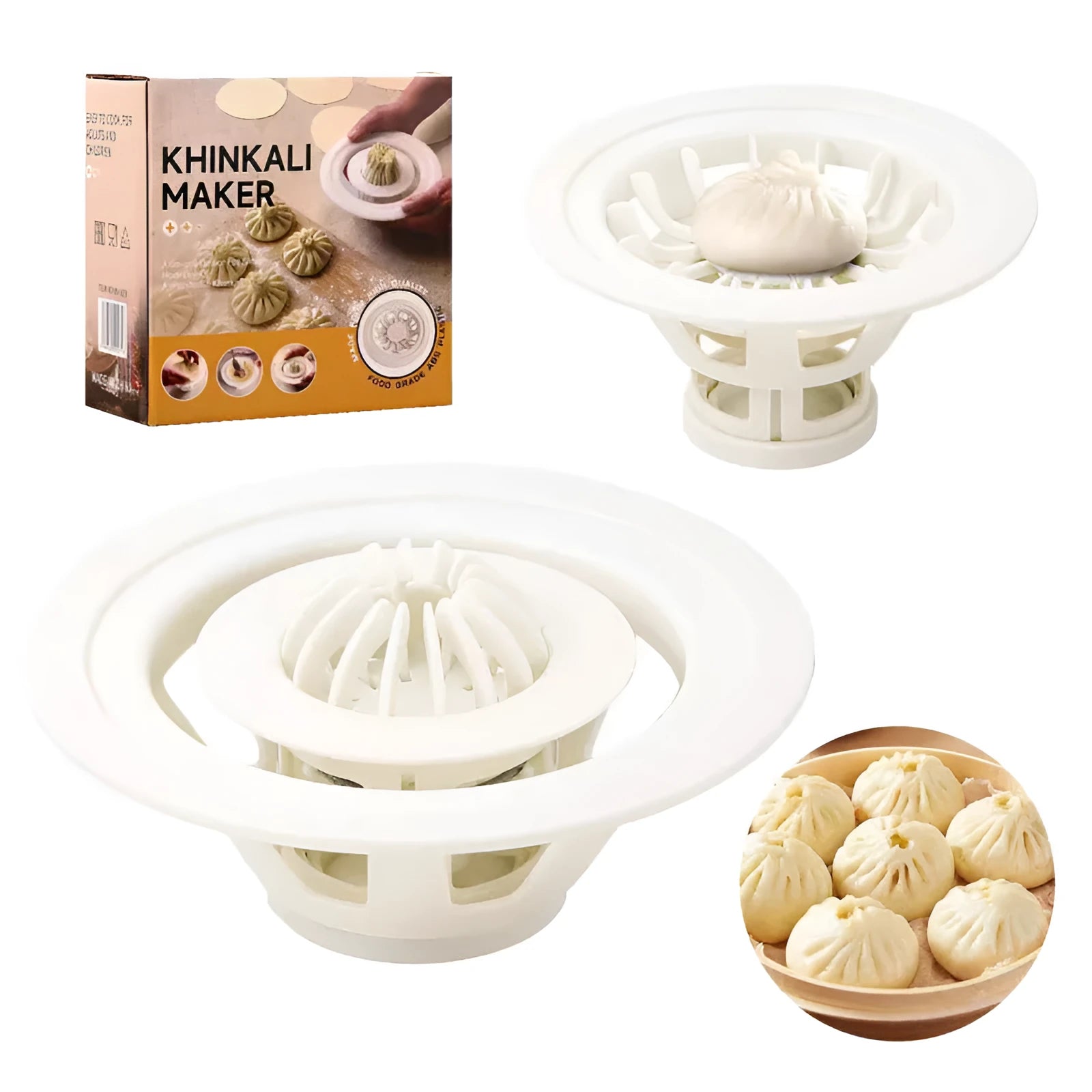 Set of four black plastic steamed bun moulds for making baozi, dumplings, and shaomai