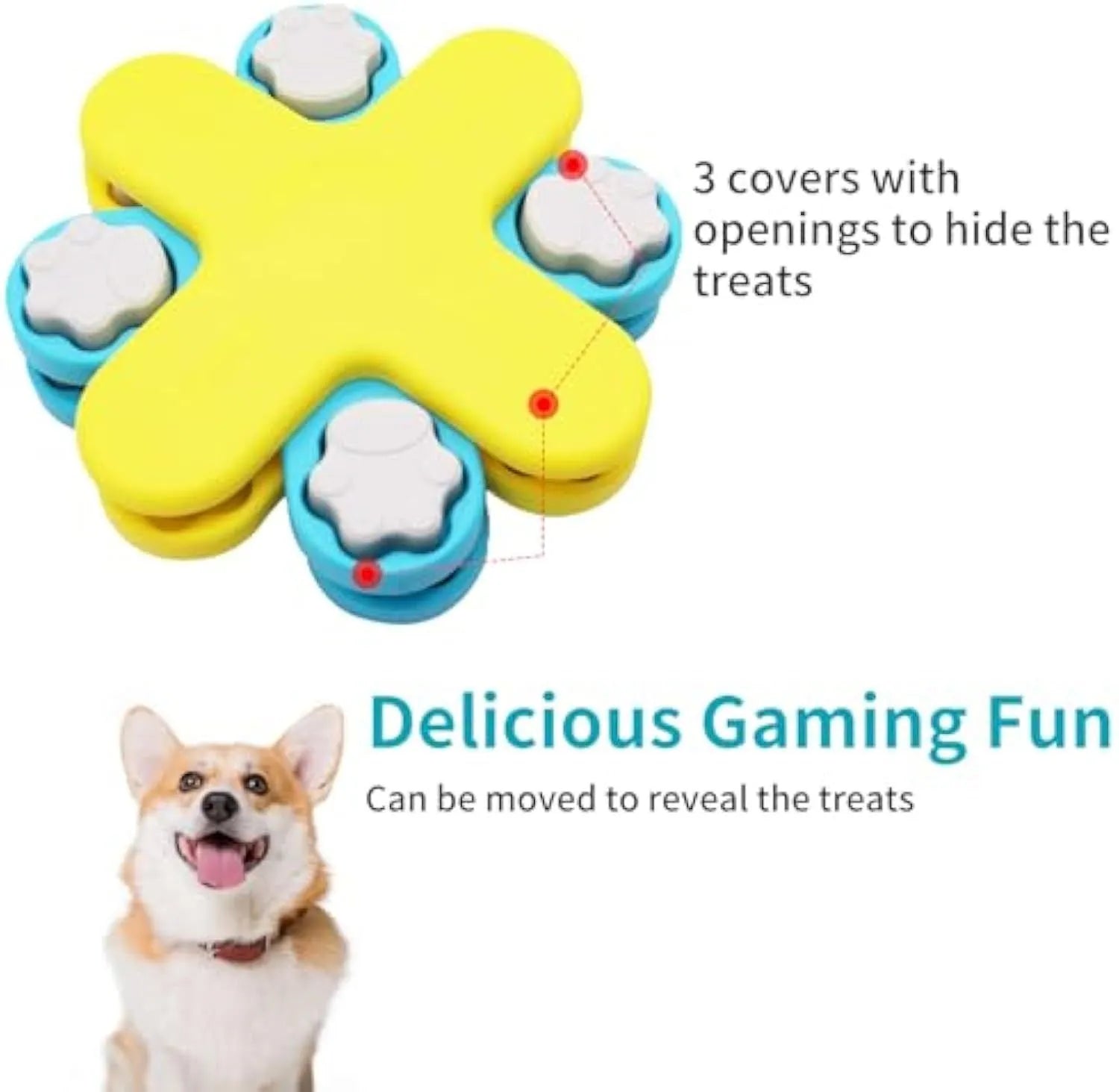 Yellow interactive dog puzzle feeder bowl with rotating lids on a non-slip base.