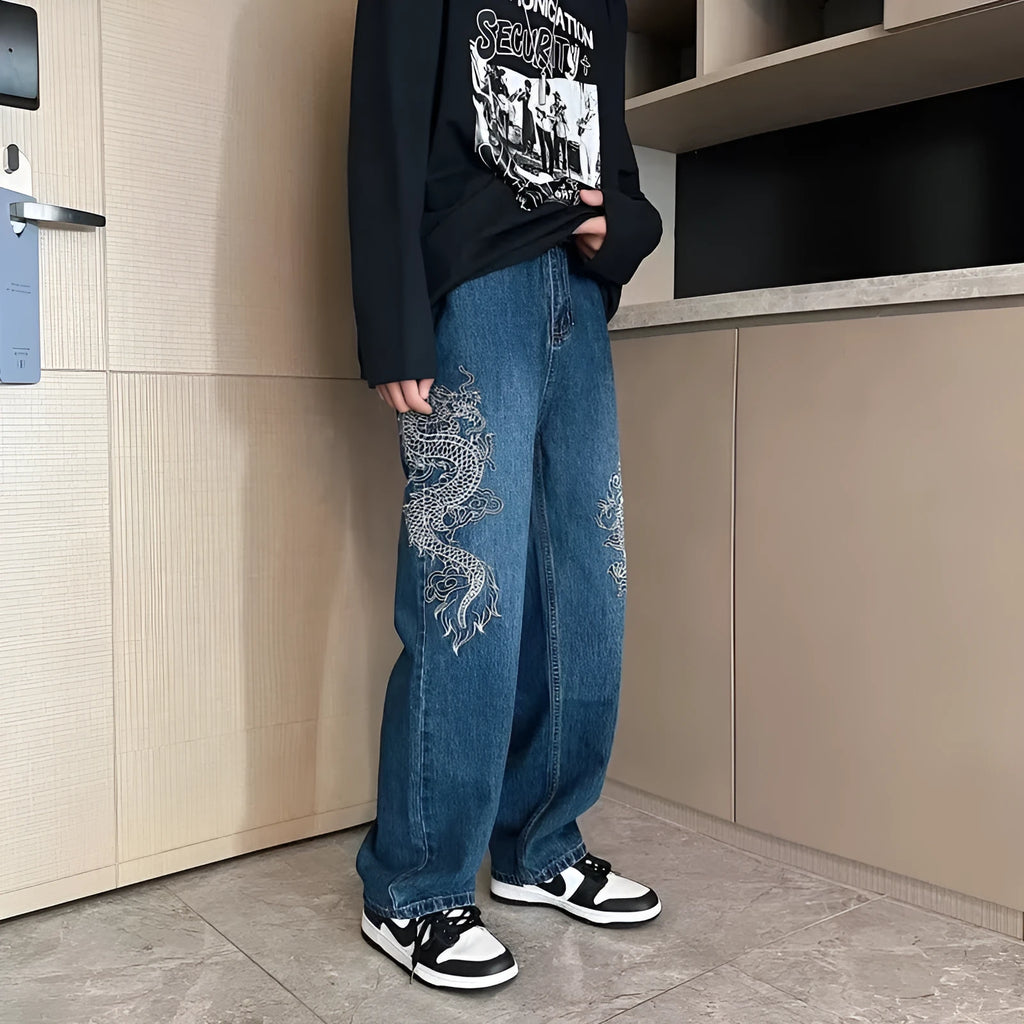 Men's loose embroidered jeans in Golden Dragon colour, made from polyester cowboy fabric, three-dimensional tailoring, size S to 3XL