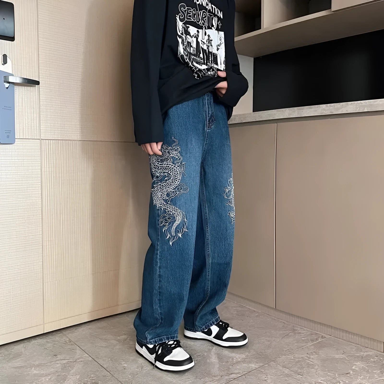 Men's loose embroidered jeans in Golden Dragon colour, made from polyester cowboy fabric, three-dimensional tailoring, size S to 3XL
