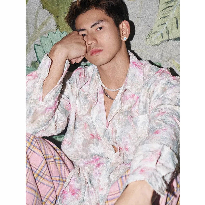 Floral long sleeve shirt with embossed pattern in blue and pink colours, loose fit for spring summer.
