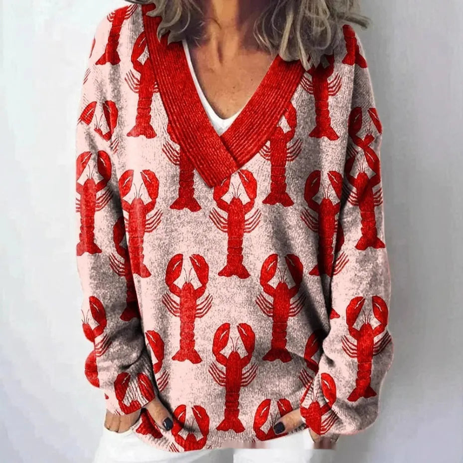 Women's V-neck long sleeve sweatshirt with a textured 3D floral print pattern in a retro style.