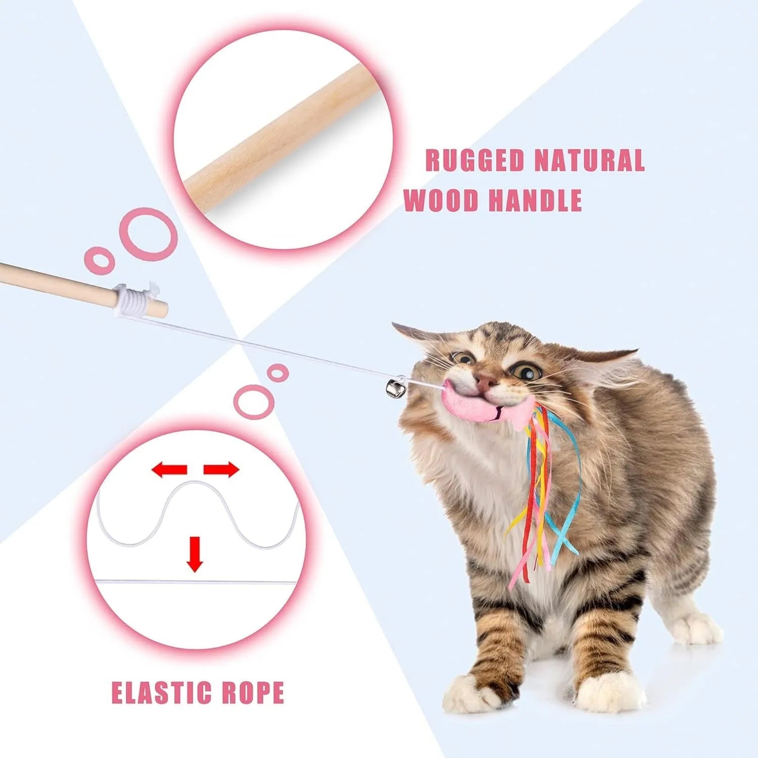 Cat wand toy with wooden handle, colourful ribbons, bell and catnip fish attachment