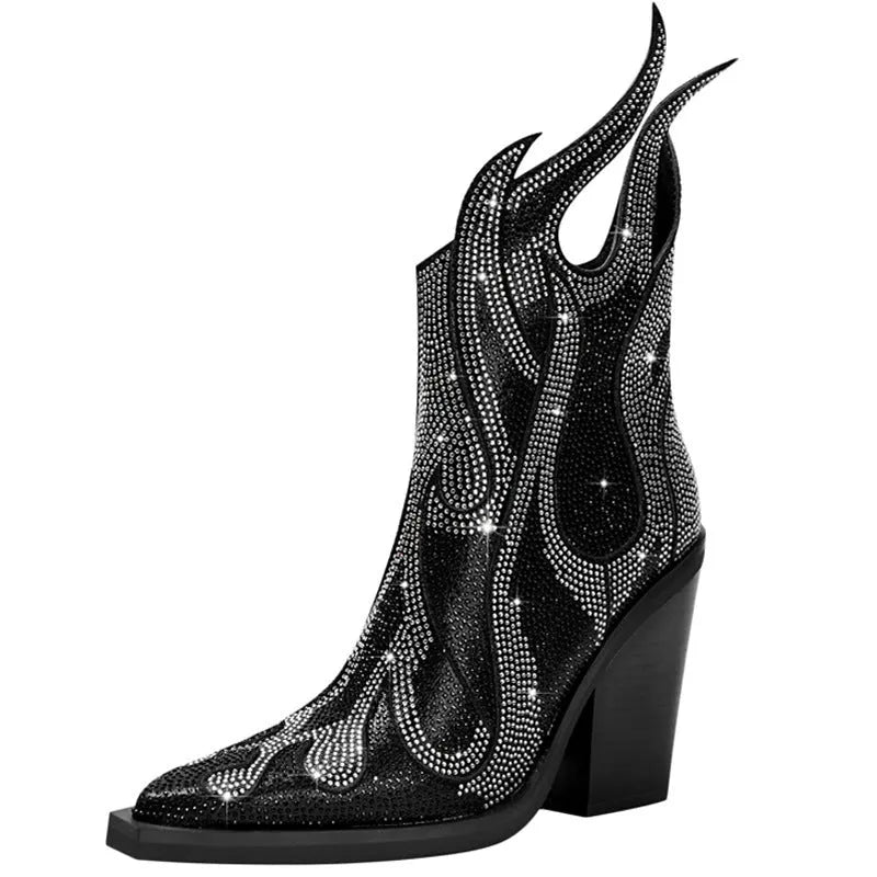 Women's black chunky heel Martin boots with square toe and rhinestone flame decoration on the side.