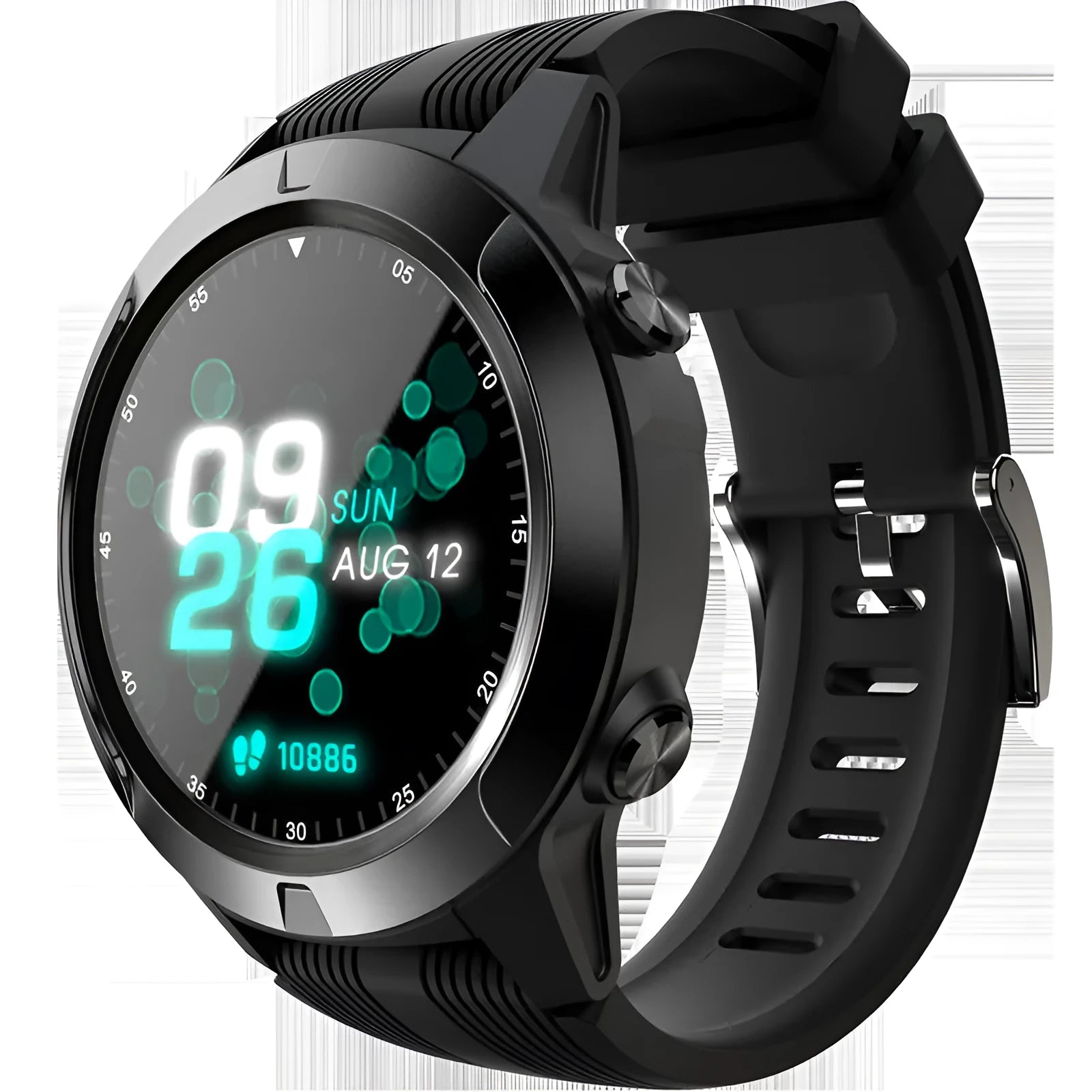 Black men's smart watch with 1.3 inch screen showing exercise tracking interface