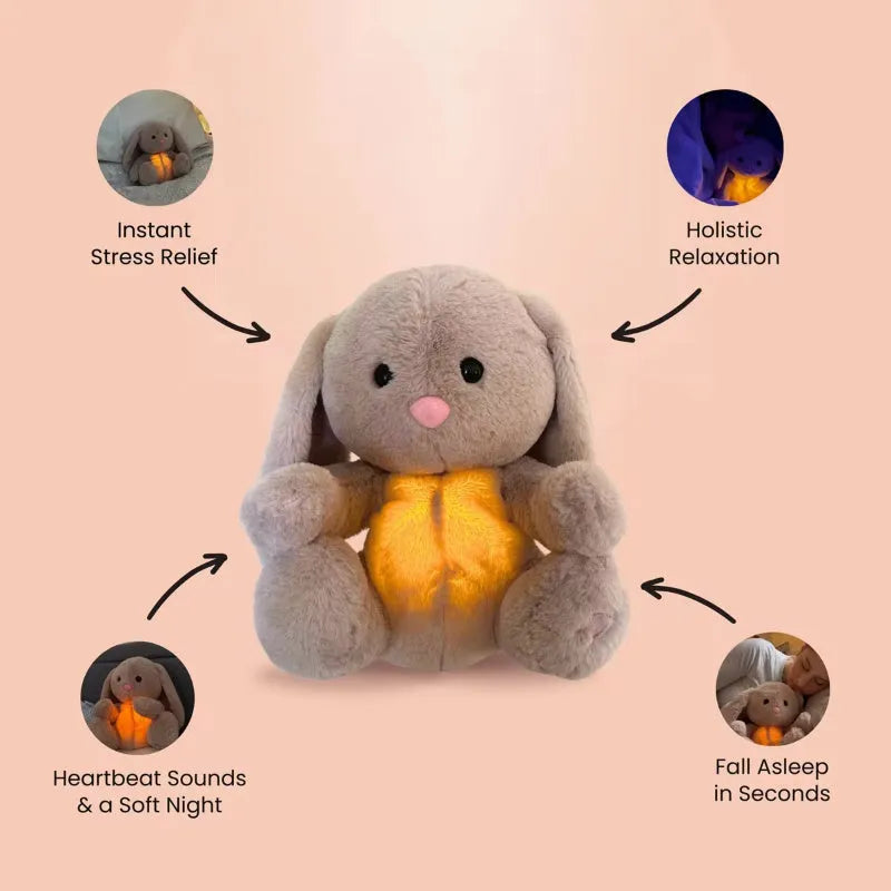 Breathing rabbit plush toy with moving belly, music functions, and soft fabrics for infant comfort
