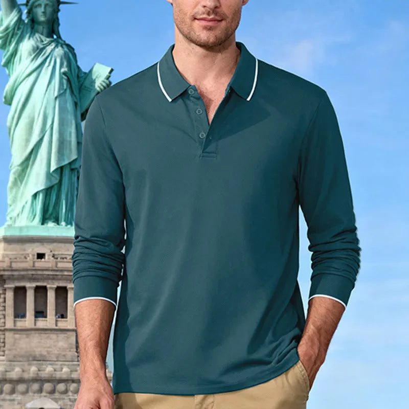 Men's casual jacquard polo shirt in solid colour, quick-dry long sleeve polyester, loose fit