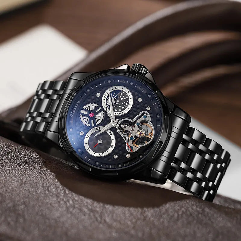 Men's automatic waterproof watch with luminous hands on a stainless steel bracelet.