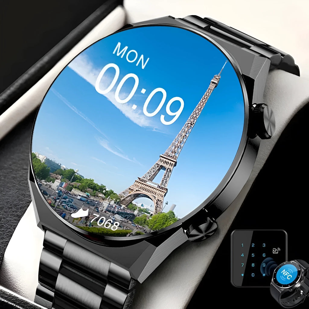 Smartwatch with silicone strap showing heart rate monitoring on 1.45-inch screen