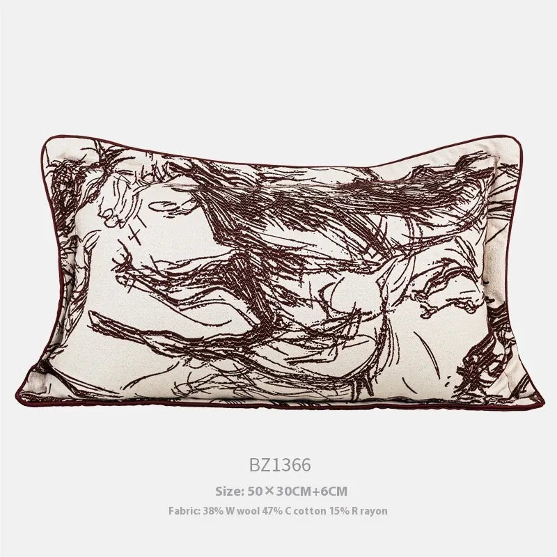 Abstract golden horse design decorative jacquard cushion on a grey sofa.