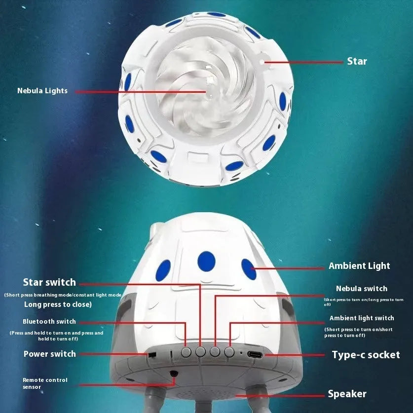 Space capsule shaped USB galaxy projection lamp with remote control on a desk.