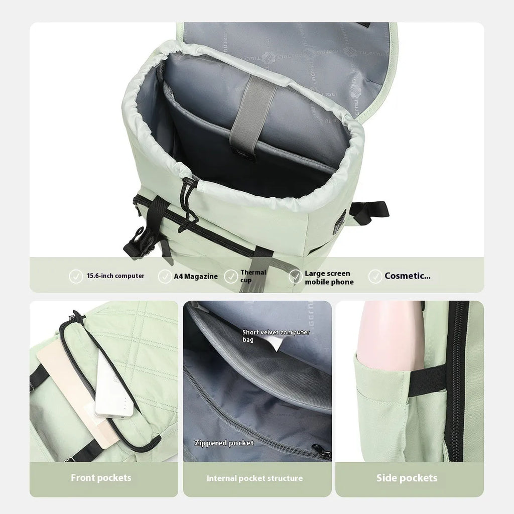 15.6 inch nylon school backpack in light green colour showing laptop compartment and three-dimensional pockets