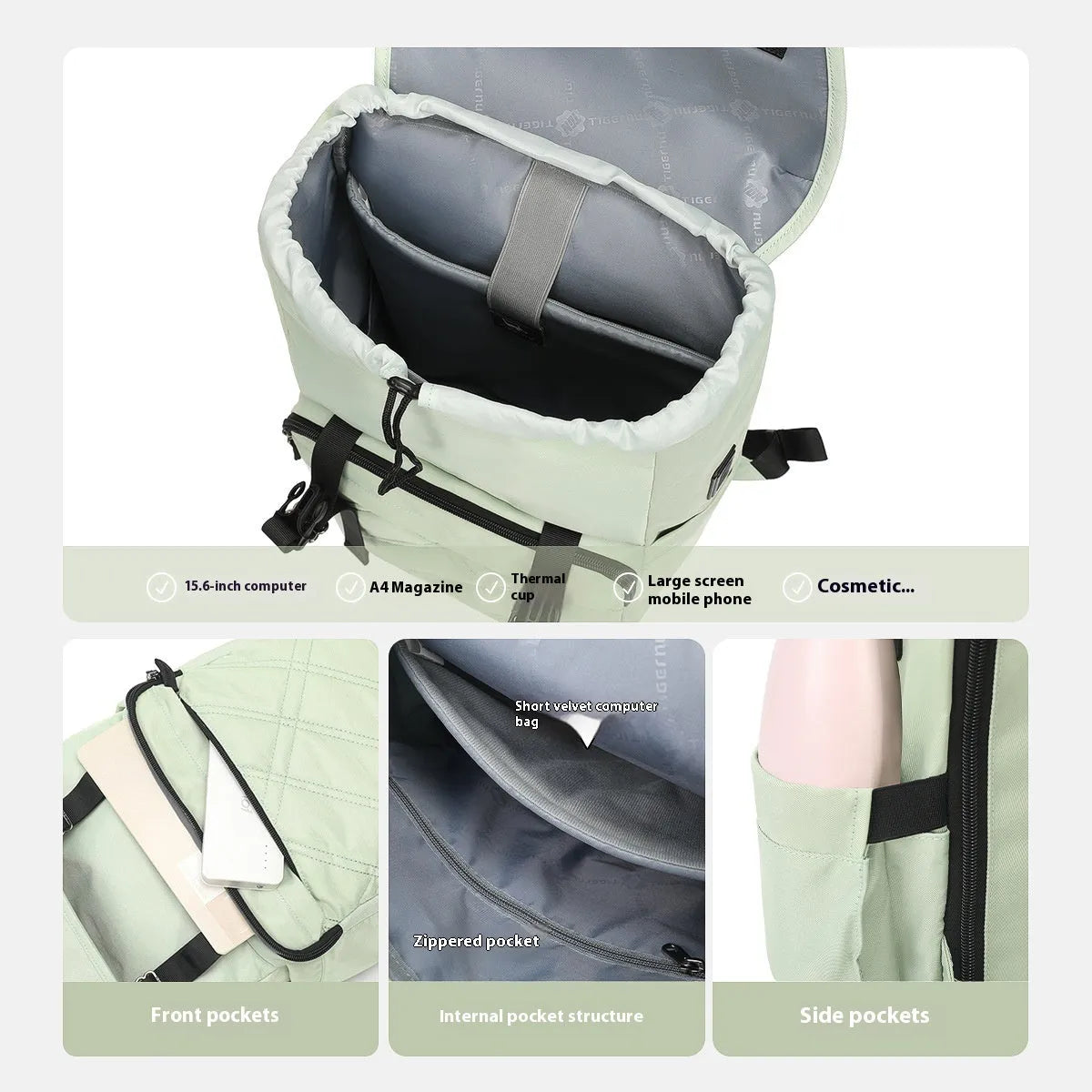 15.6 inch nylon school backpack in light green colour showing laptop compartment and three-dimensional pockets