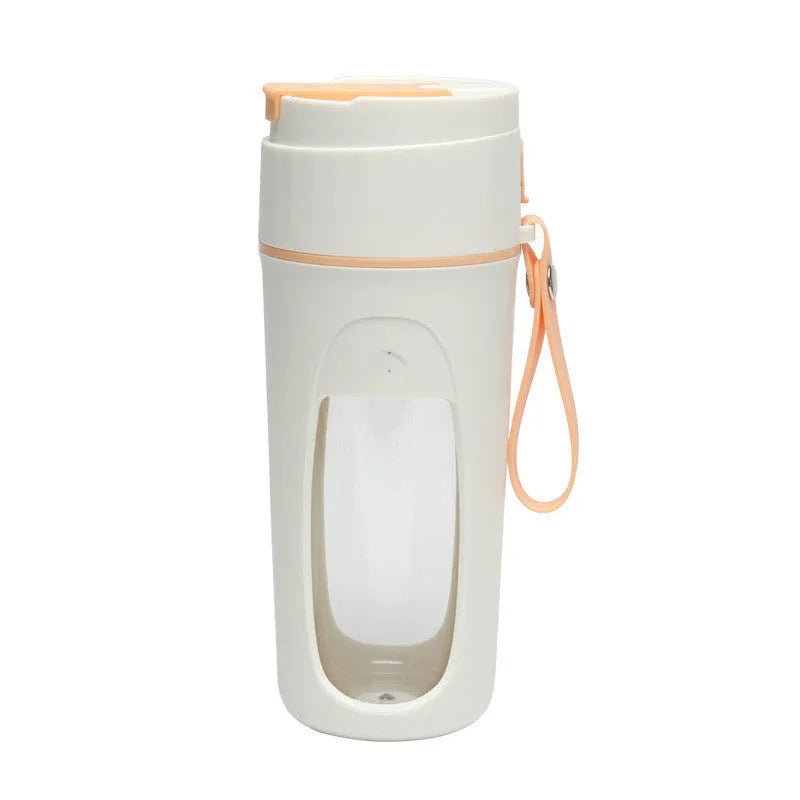 Portable USB electric blender with borosilicate glass cup in fresh orange, grass green, and light purple colours.