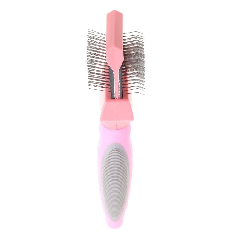 Double sided pet grooming brush with stainless steel pins on a blue handle