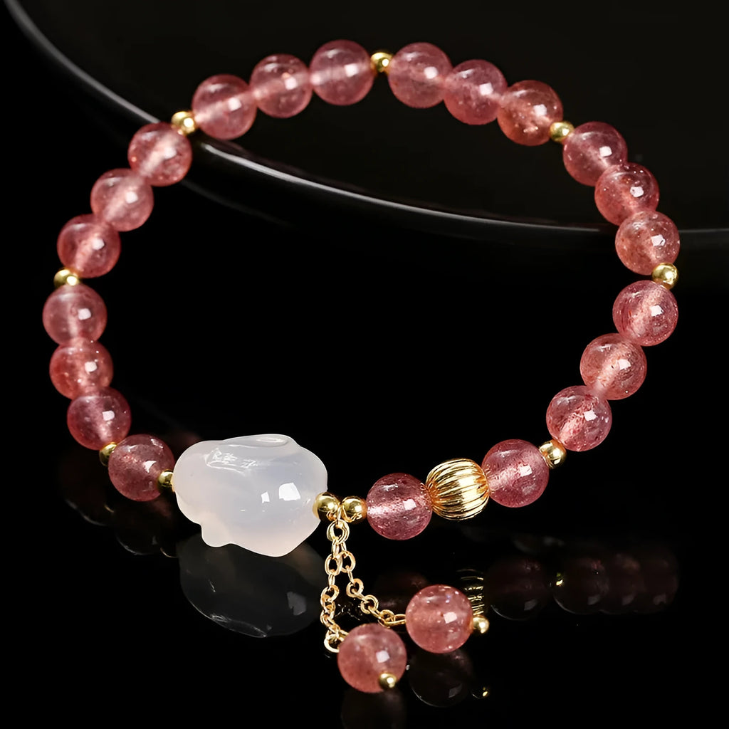 Strawberry quartz agate white rabbit bracelet with 6mm geometric beads for women