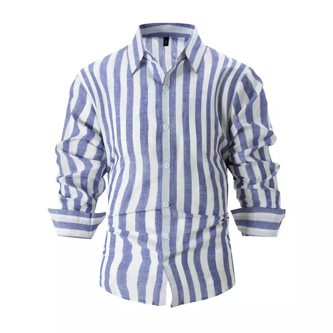 Man wearing a loose-fit yarn-dyed striped long-sleeved casual shirt in light grey.
