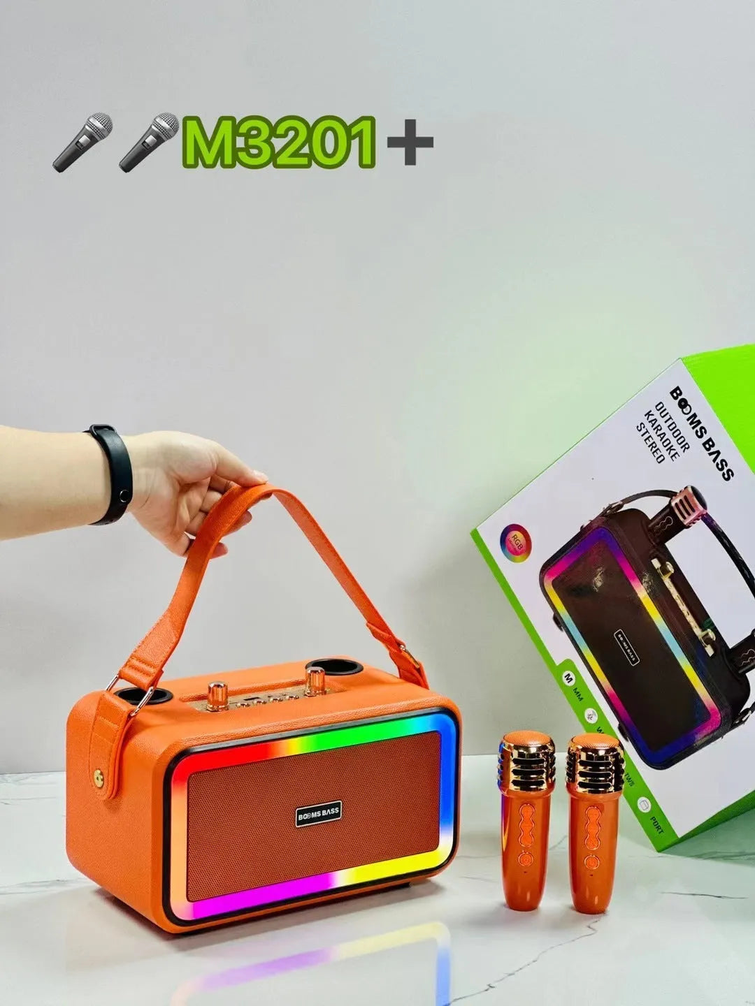 M3201 portable Bluetooth speaker with microphones in black, dark brown, and orange red colour options.