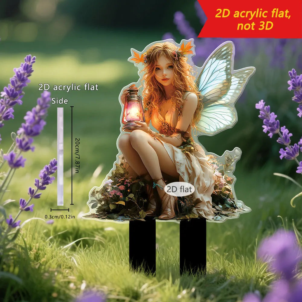 Acrylic elf fairy carrying lantern garden stake, 13.4x20 inches, cartoon style