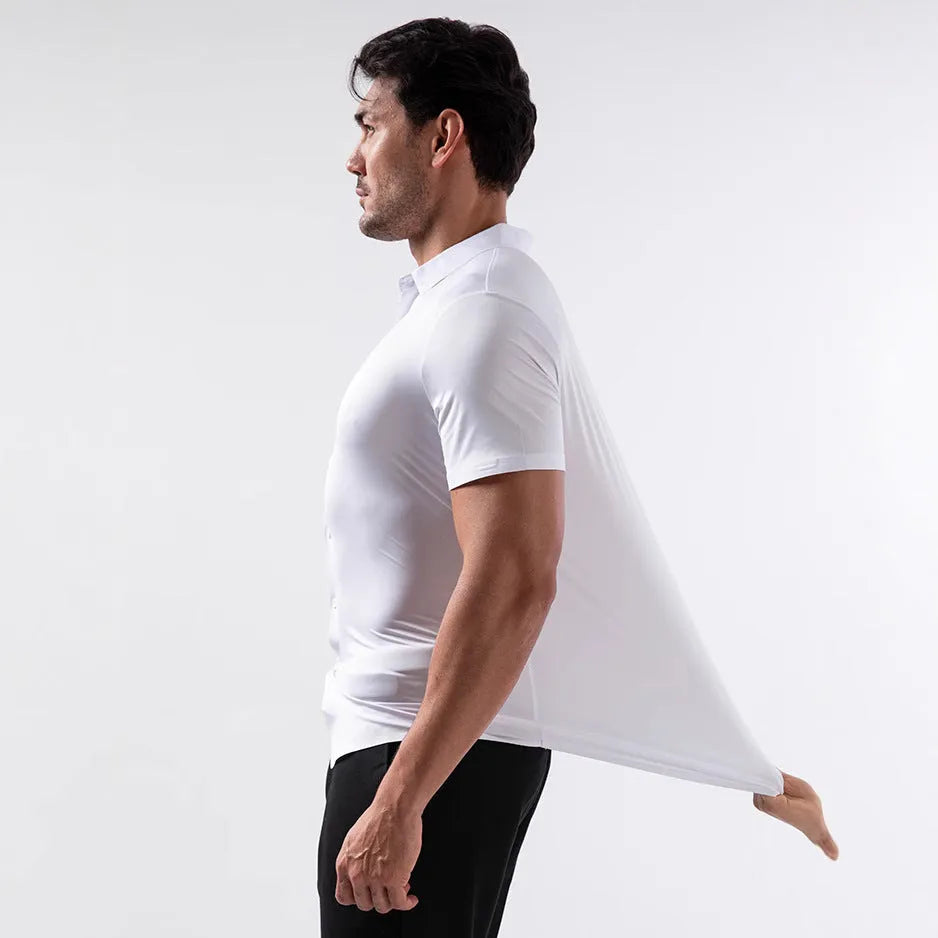 Men's short sleeve elastic shirt in cardigan style with non-ironing fabric