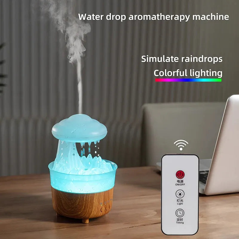 Wood grain white rain cloud humidifier diffuser with glowing LED light and water droplets.