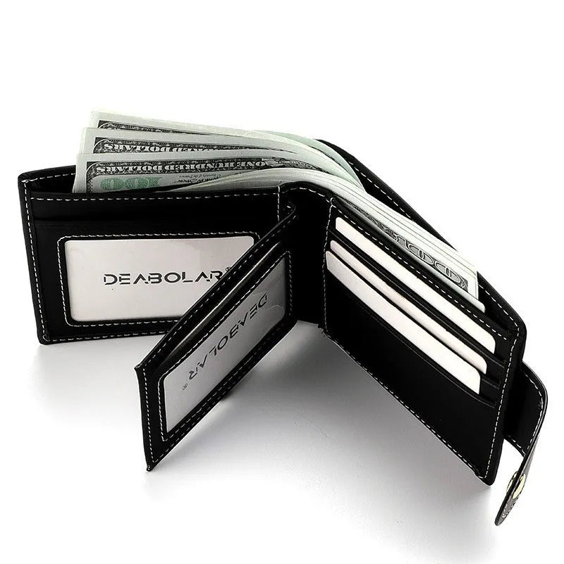 Black animal print men's wallet with a silver zip and multiple card slots.