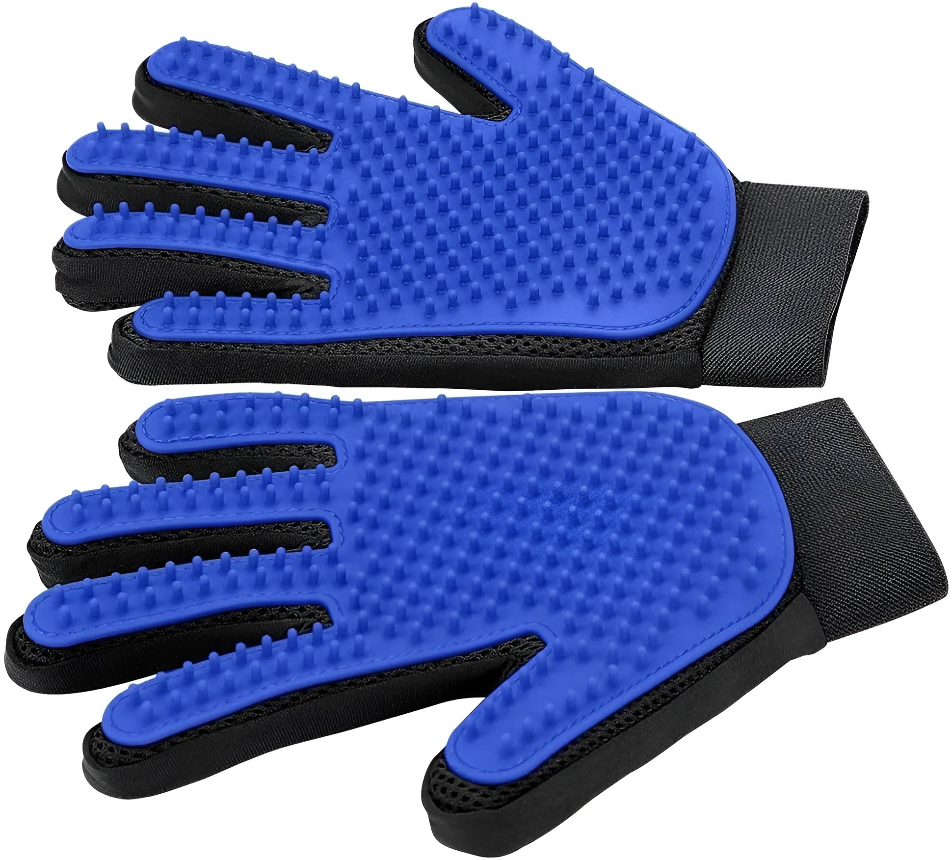 Blue pet grooming glove with silicone tips for shedding removal and gentle massage.