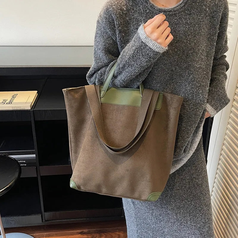 Suede simple shoulder bag for women, urban style, 38x17x35cm, available in four colours, sandwich pocket