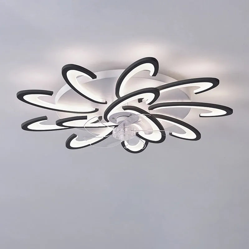 Modern white ceiling fan light with six-blade design and integrated light fitting on a room ceiling.