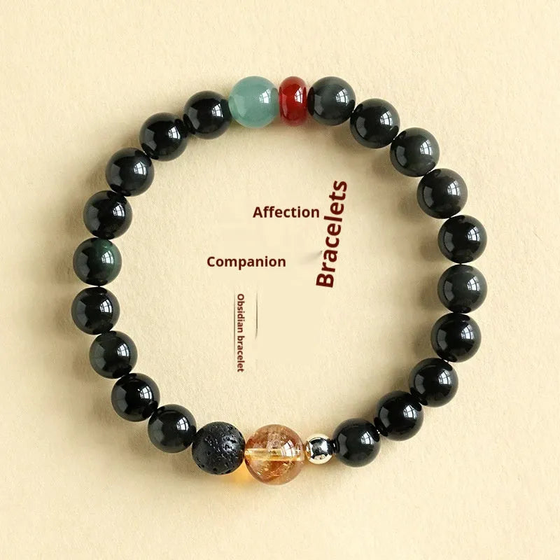 Chinese-style obsidian yellow tower crystal couple bracelet with agate jade accents showing 8mm and 10mm bead size options
