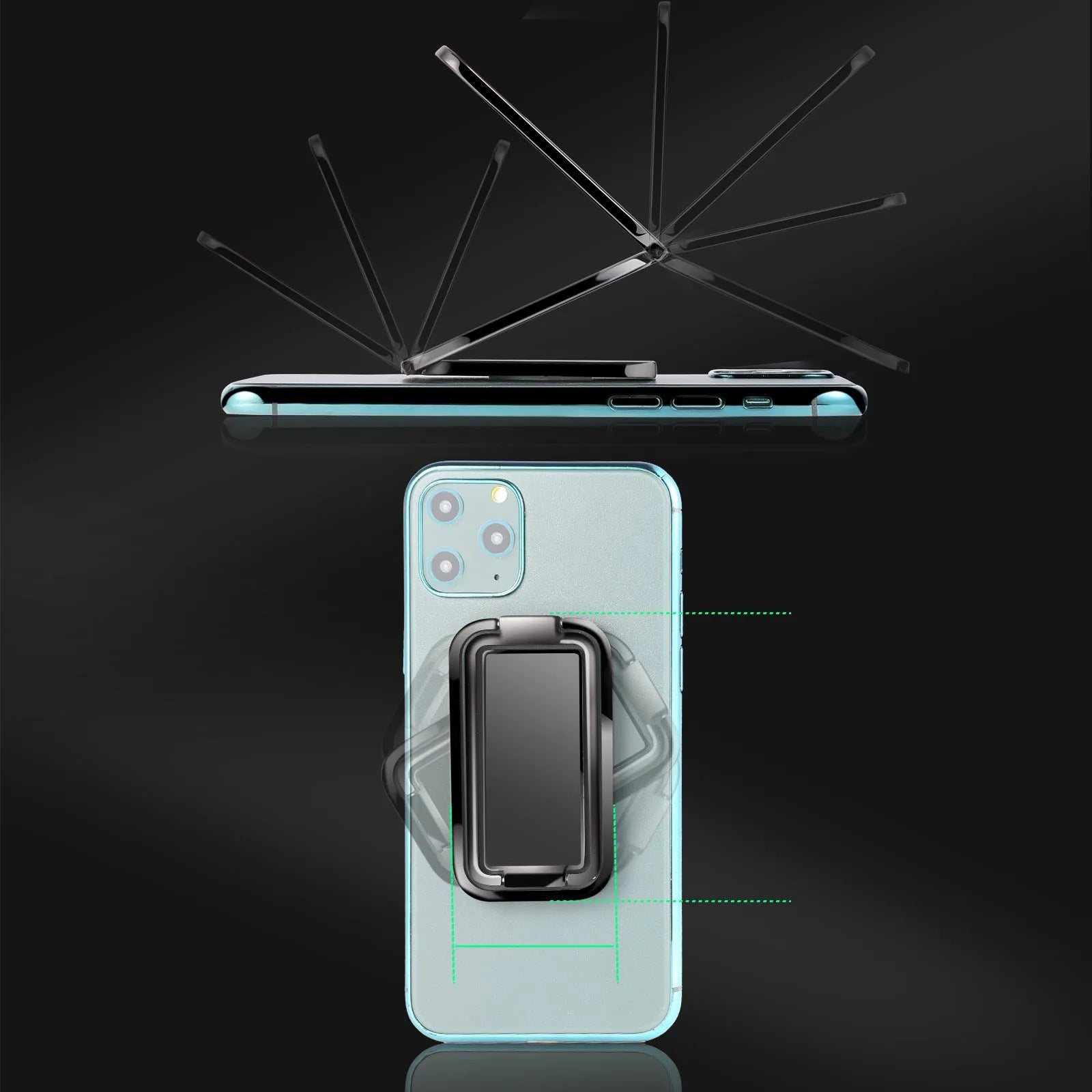 Gun black folding ring buckle phone holder attached to phone back, ring open for desktop stand