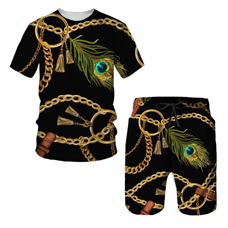 Chain pattern digital print short sleeve t-shirt and matching shorts set for summer.