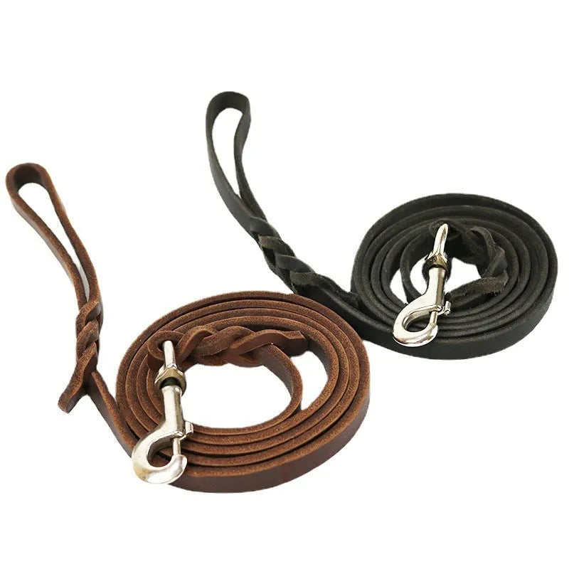 Thickened light brown cowhide leather dog lead for large dogs, shown at 160cm length.