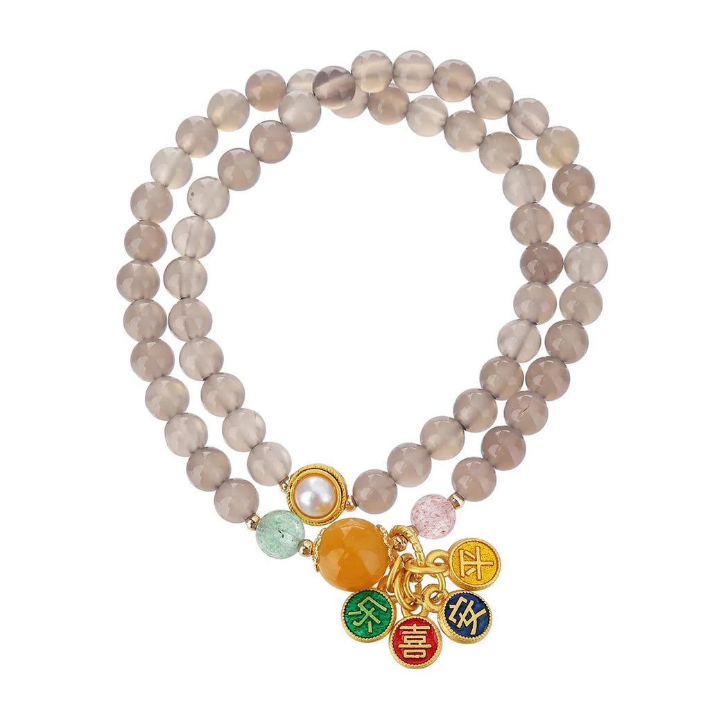 Natural grey agate bracelet with safe and happy motif, retro two-circle design on adjustable cord.