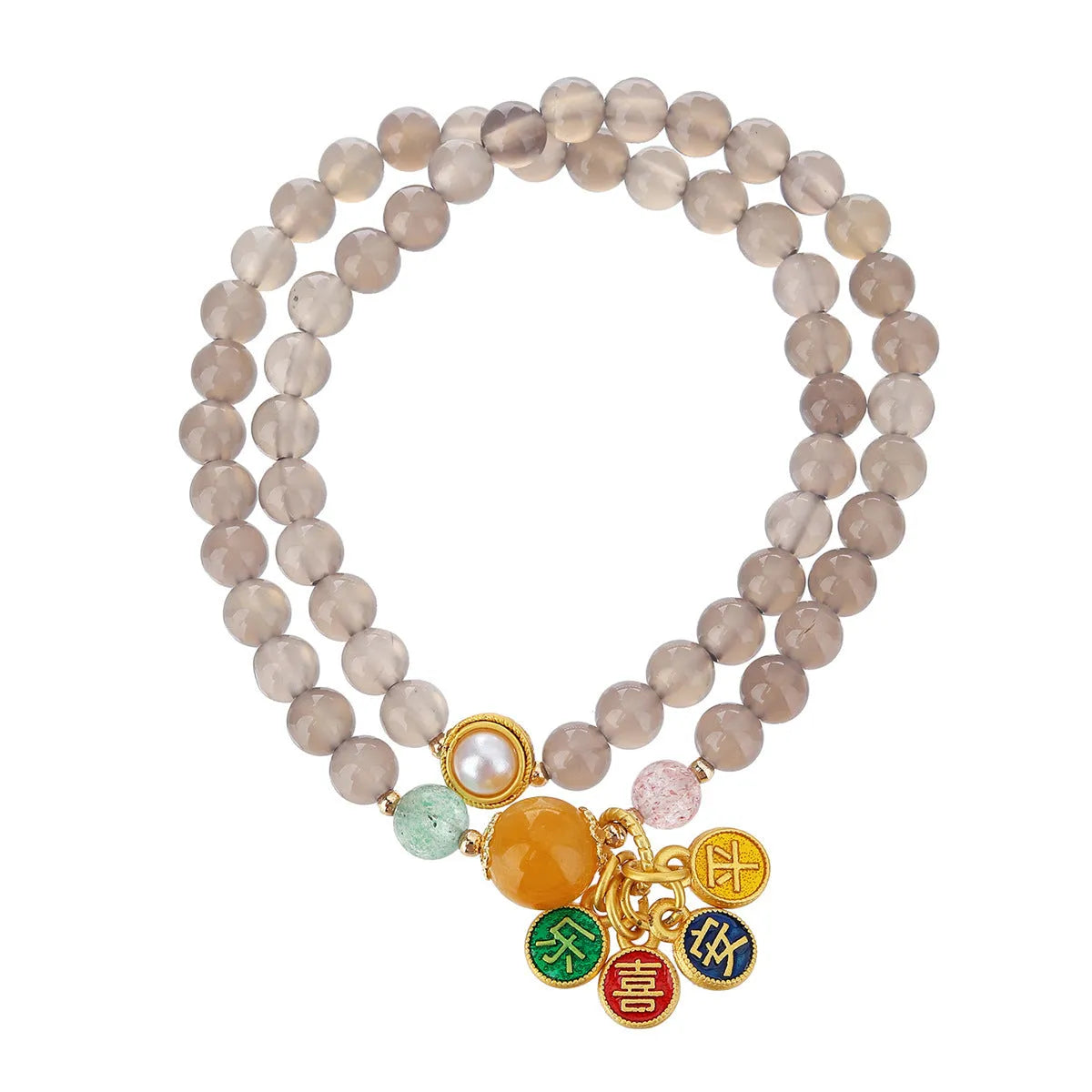 Natural grey agate bracelet with safe and happy motif, retro two-circle design on adjustable cord.