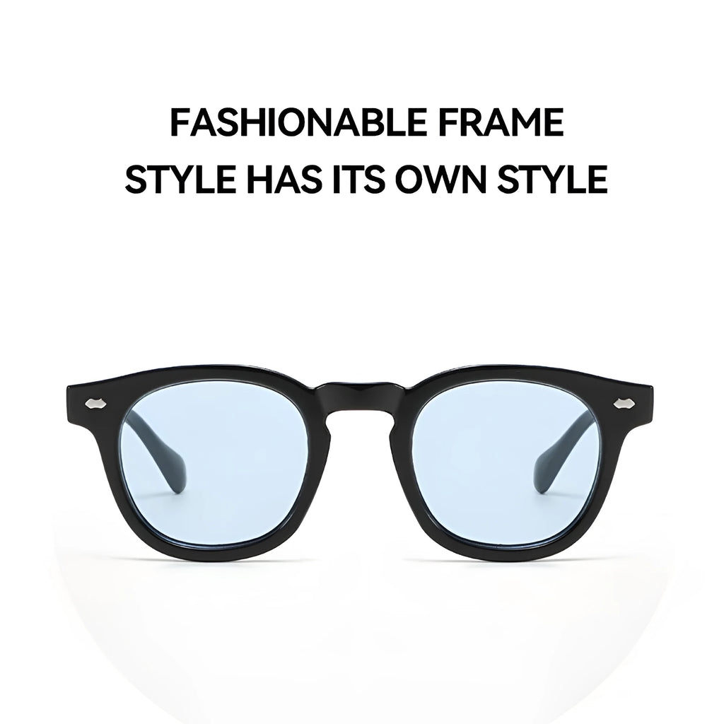 Simple round rim retro sunglasses with plastic frame, shown in bright black and grey lens colour option.