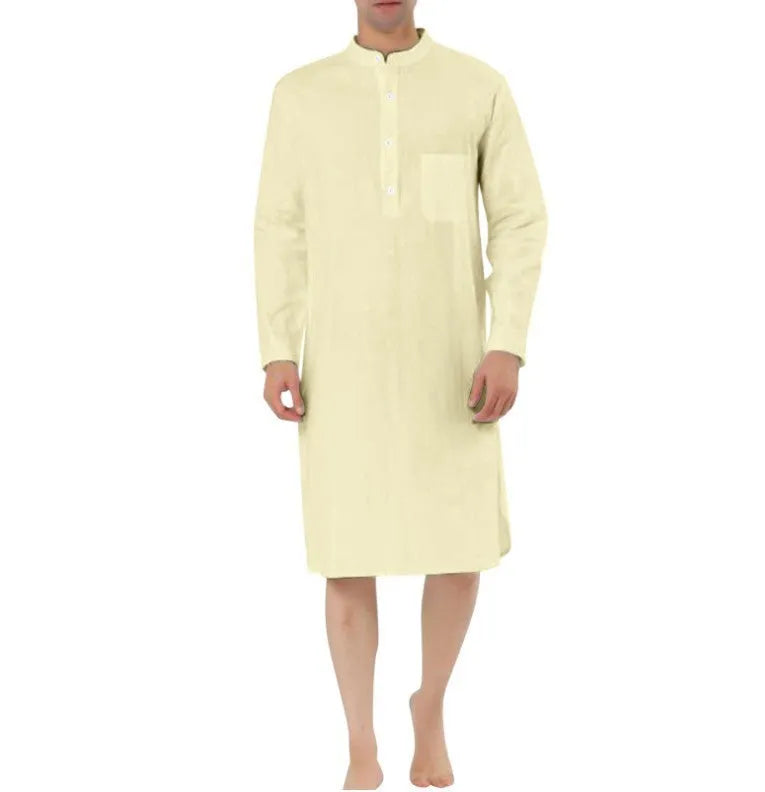 Men's cotton shirt robe in a shirt style with front pockets, shown in multiple colour options